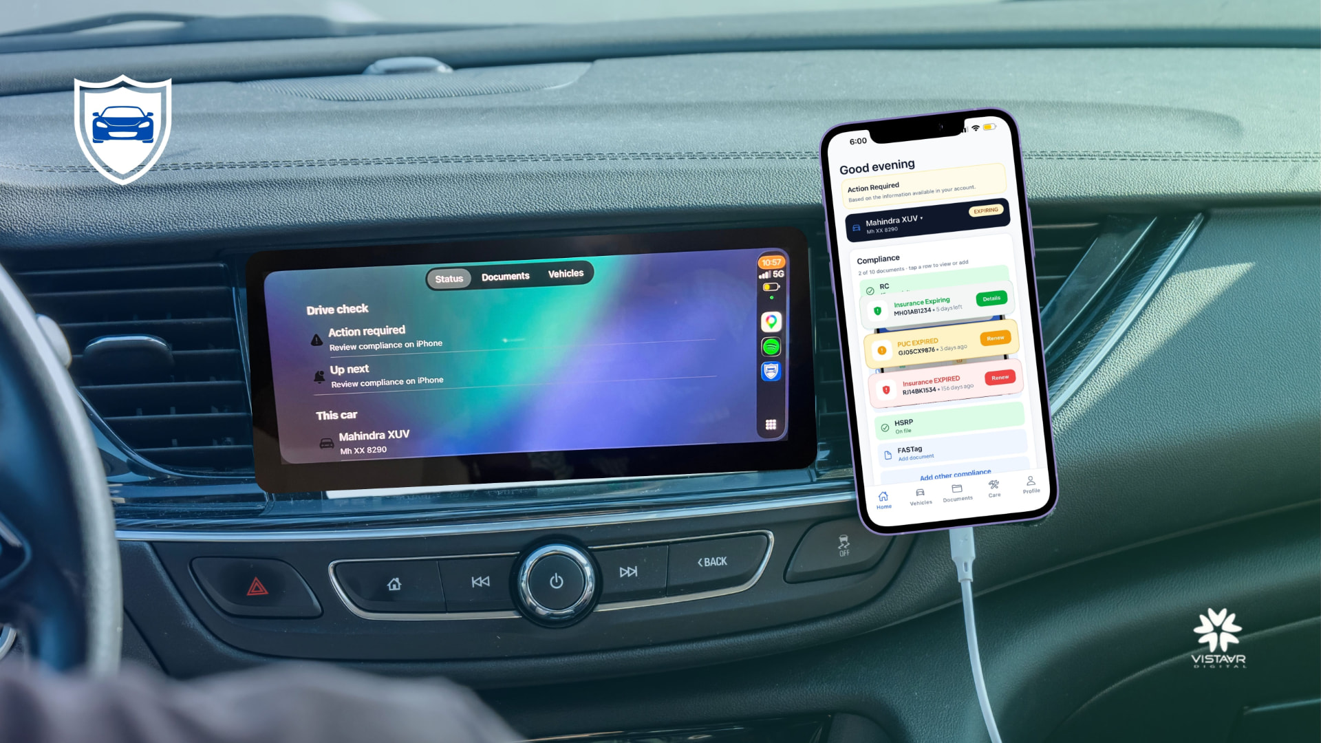ReadyForDrive drive check on a car's Apple CarPlay screen next to the iPhone app showing compliance status