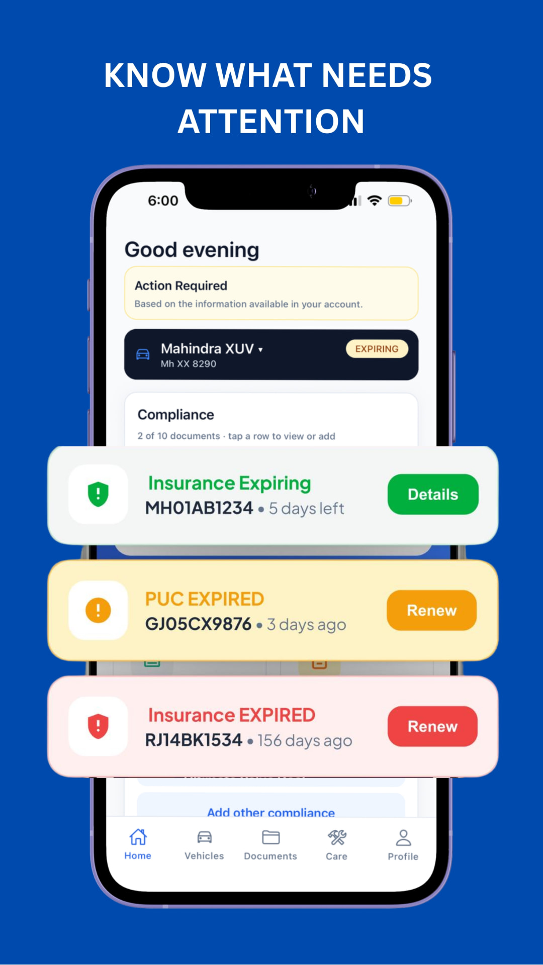 ReadyForDrive home screen showing insurance expiring, PUC expired and insurance expired alerts